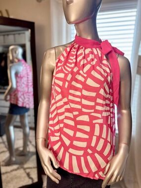 New York & Company Pink and White Halter Tie-Neck Relaxed Fit Top Medium